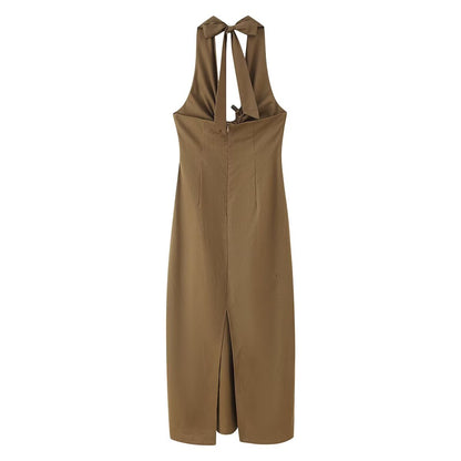 Women Clothing Spring Buckle Decoration Pleated Hanging Collar Dress - Wanita Store