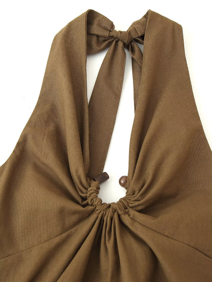 Women Clothing Spring Buckle Decoration Pleated Hanging Collar Dress - Wanita Store