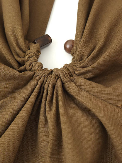 Women Clothing Spring Buckle Decoration Pleated Hanging Collar Dress - Wanita Store