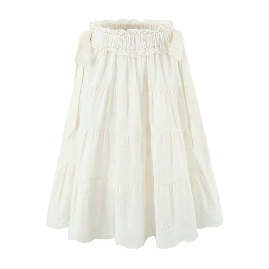 Gentle Sweet Cutout Embroidered Big Hem A line Skirt White Skirt Spring Summer High Waist Midi Skirt