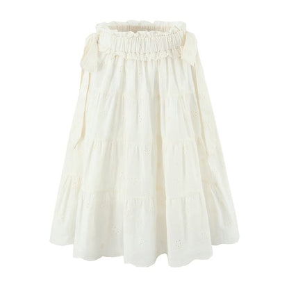 Gentle Sweet Cutout Embroidered Big Hem A line Skirt White Skirt Spring Summer High Waist Midi Skirt - Wanita Store