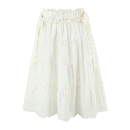 Gentle Sweet Cutout Embroidered Big Hem A line Skirt White Skirt Spring Summer High Waist Midi Skirt