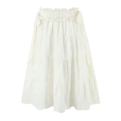 Gentle Sweet Cutout Embroidered Big Hem A line Skirt White Skirt Spring Summer High Waist Midi Skirt - Wanita Store