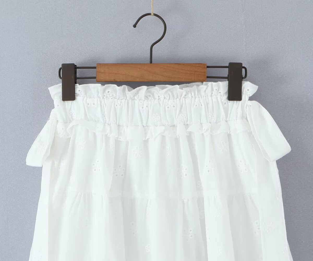 Gentle Sweet Cutout Embroidered Big Hem A line Skirt White Skirt Spring Summer High Waist Midi Skirt