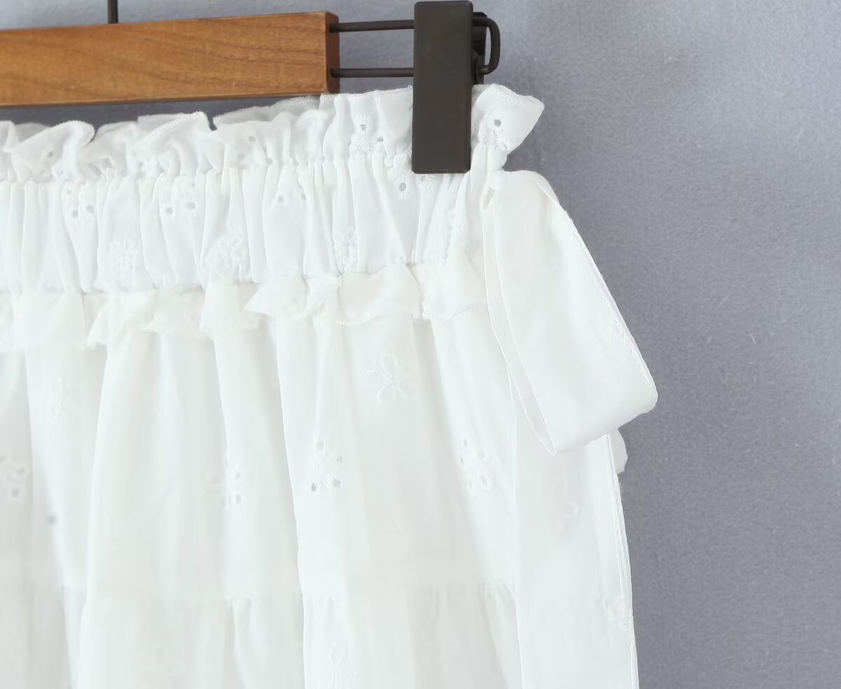 Gentle Sweet Cutout Embroidered Big Hem A line Skirt White Skirt Spring Summer High Waist Midi Skirt
