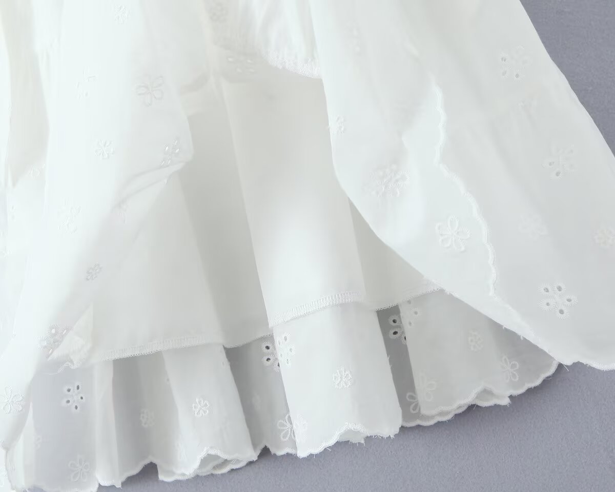 Gentle Sweet Cutout Embroidered Big Hem A line Skirt White Skirt Spring Summer High Waist Midi Skirt