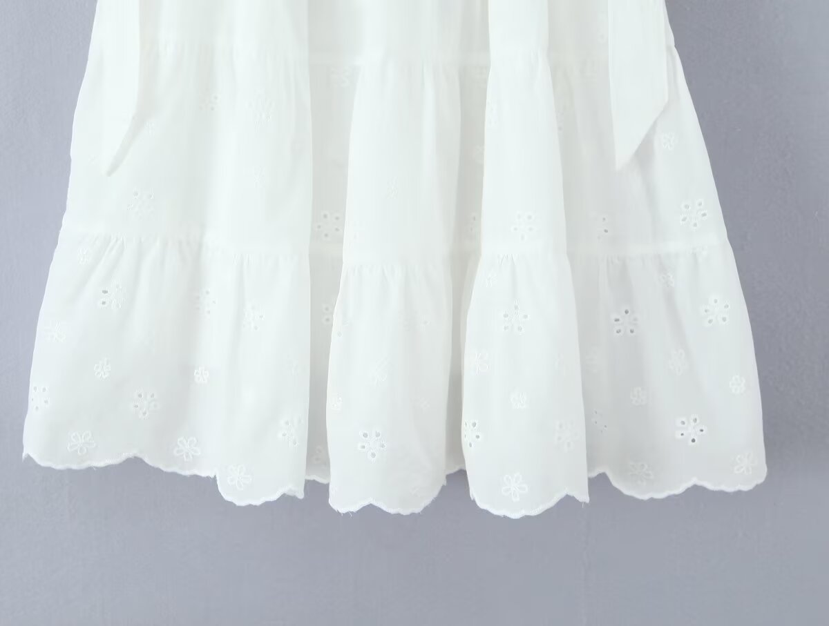 Gentle Sweet Cutout Embroidered Big Hem A line Skirt White Skirt Spring Summer High Waist Midi Skirt