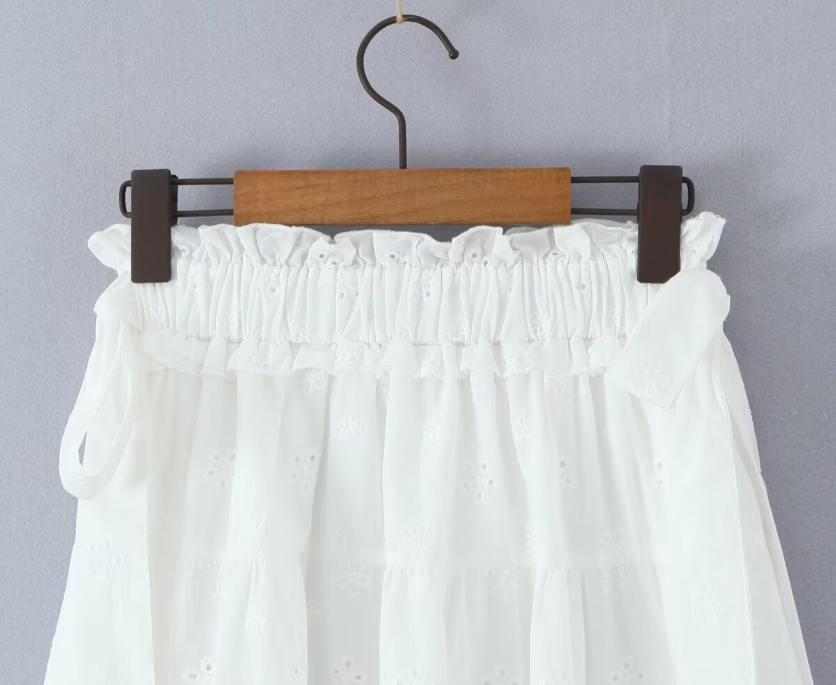 Gentle Sweet Cutout Embroidered Big Hem A line Skirt White Skirt Spring Summer High Waist Midi Skirt