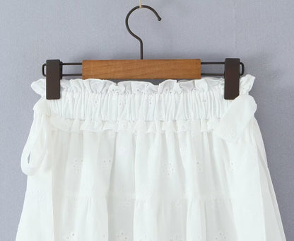 Gentle Sweet Cutout Embroidered Big Hem A line Skirt White Skirt Spring Summer High Waist Midi Skirt - Wanita Store