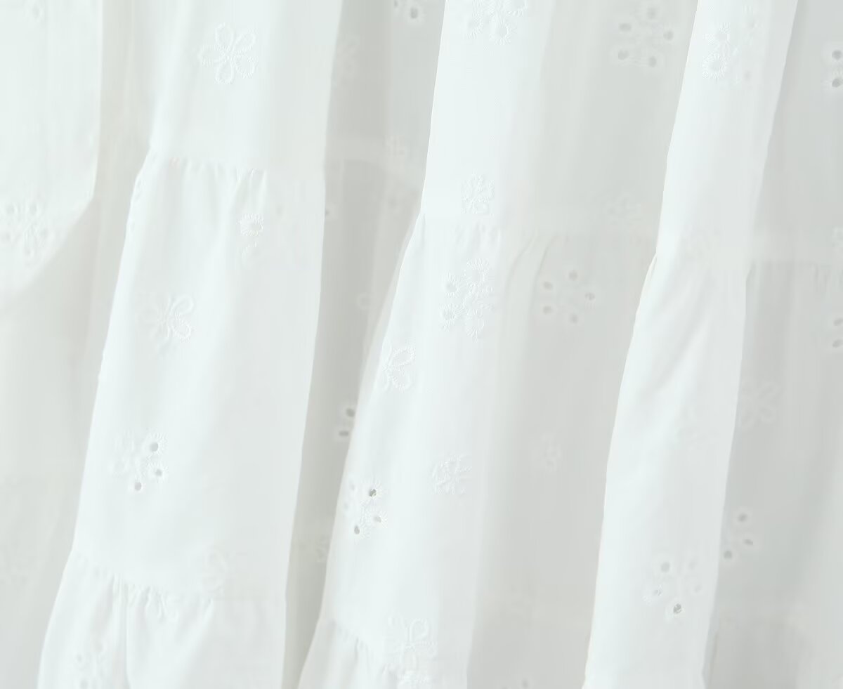 Gentle Sweet Cutout Embroidered Big Hem A line Skirt White Skirt Spring Summer High Waist Midi Skirt