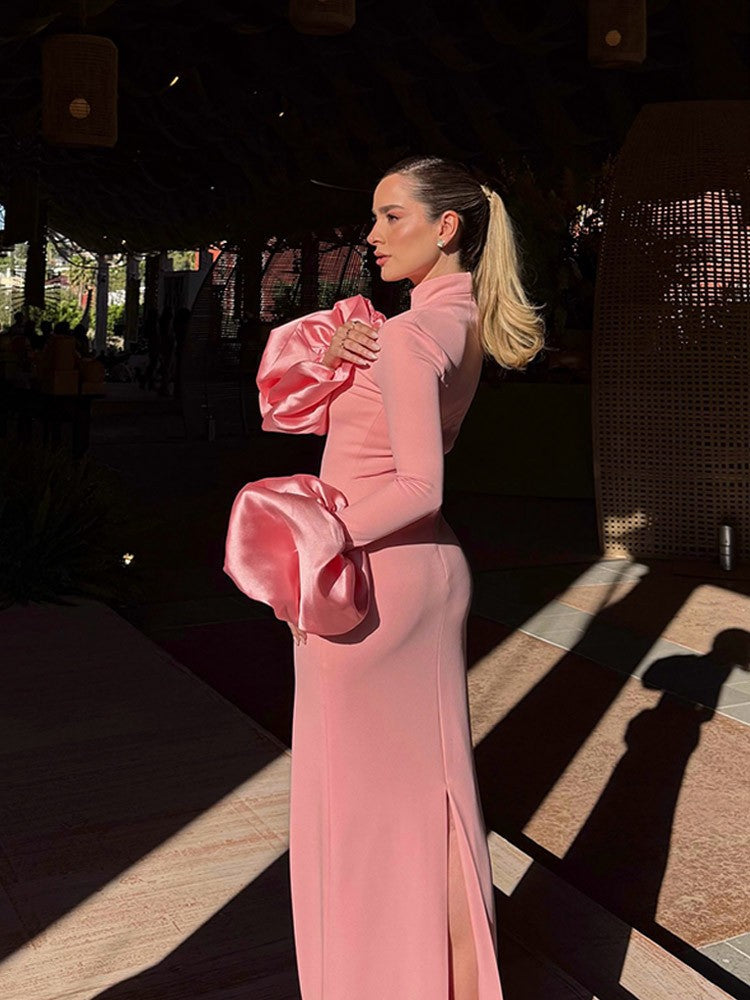 Sexy Half High Collar Patchwork Sleeve Floor Length Dress