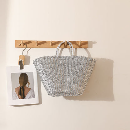 Silver Portable Straw Weaved Bag Metal Sense Large Capacity Hand Carrying Woven Bag Women Seaside Vacation Beach Bag - Wanita Store