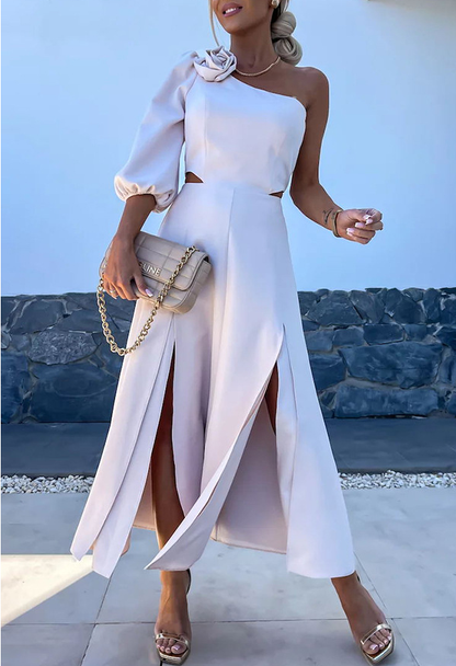 Spring Summer Cross-Shoulder Split Double Layer Dress Casual Party Satin Dress - Wanita Store