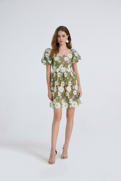 Women Summer Lace Embroidered Puff Sleeve Dress - Wanita Store
