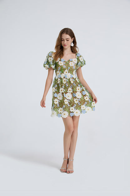 Women Summer Lace Embroidered Puff Sleeve Dress - Wanita Store