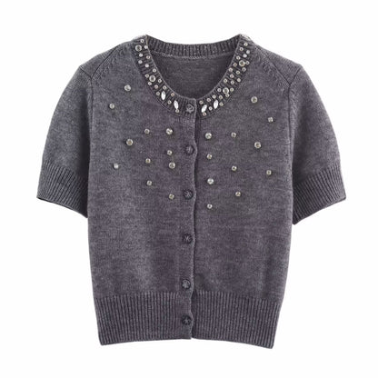Spring round Neck Short Sleeve Jewelry Inlaid Rib round Neck ShortSleeved Knitted Cardigan - Wanita Store