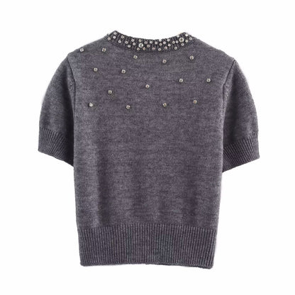 Spring round Neck Short Sleeve Jewelry Inlaid Rib round Neck ShortSleeved Knitted Cardigan - Wanita Store