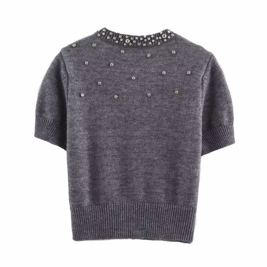 Spring round Neck Short Sleeve Jewelry Inlaid Rib round Neck ShortSleeved Knitted Cardigan