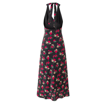 Summer Vacation Casual Strap Halter Black Background Print Maxi Dress