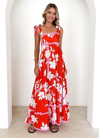 Vestido halter acampanado con tirantes y estampado floral de ondas para mujer