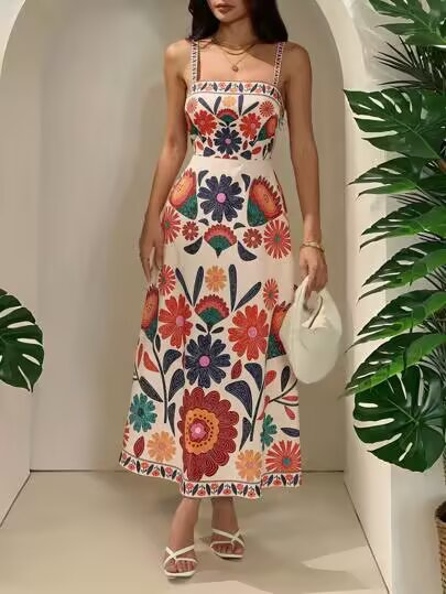 Women Clothing Summer Vacation Positioning Printing Slim Fit Sling Dress
