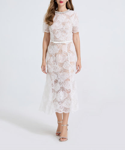 Women Sheer Lace Beaded Rhinestone Studded Fitted Fishtail Dress - Wanita Store