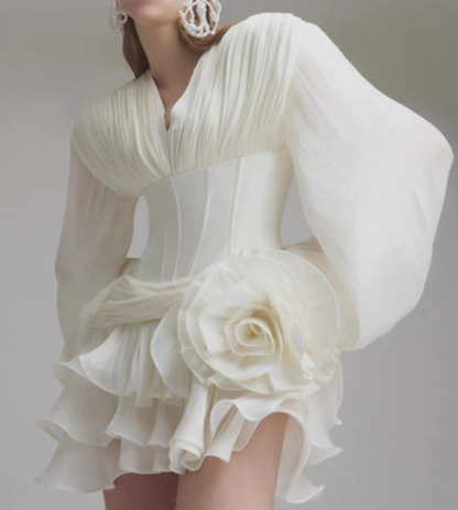 High Grade Socialite Ruffled Short Dress V neck Puff Sleeve Three Dimensional Floral Dress Women Summer - Wanita Store