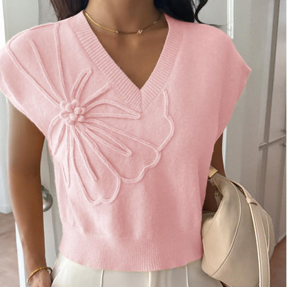 Women Clothing Autumn Winter Casual Vacation Deep V Plunge Neck Solid Color Sweater with Short Sleeves - Wanita Store