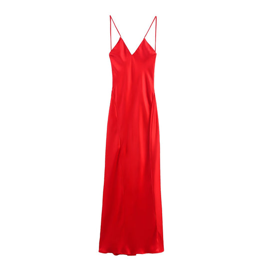 Summer Solid Color Strap Backless Silk Satin Texture Length Dress