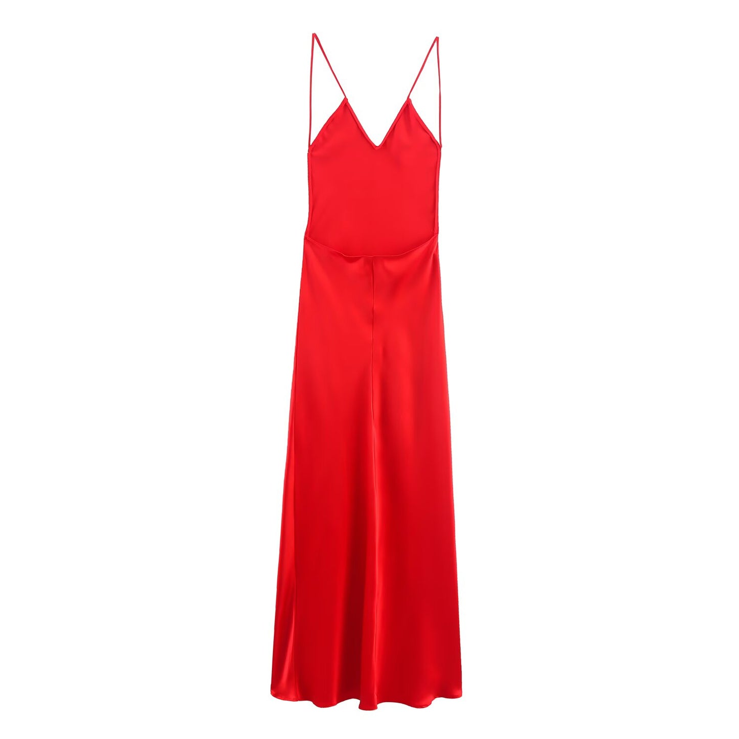 Summer Solid Color Strap Backless Silk Satin Texture Length Dress