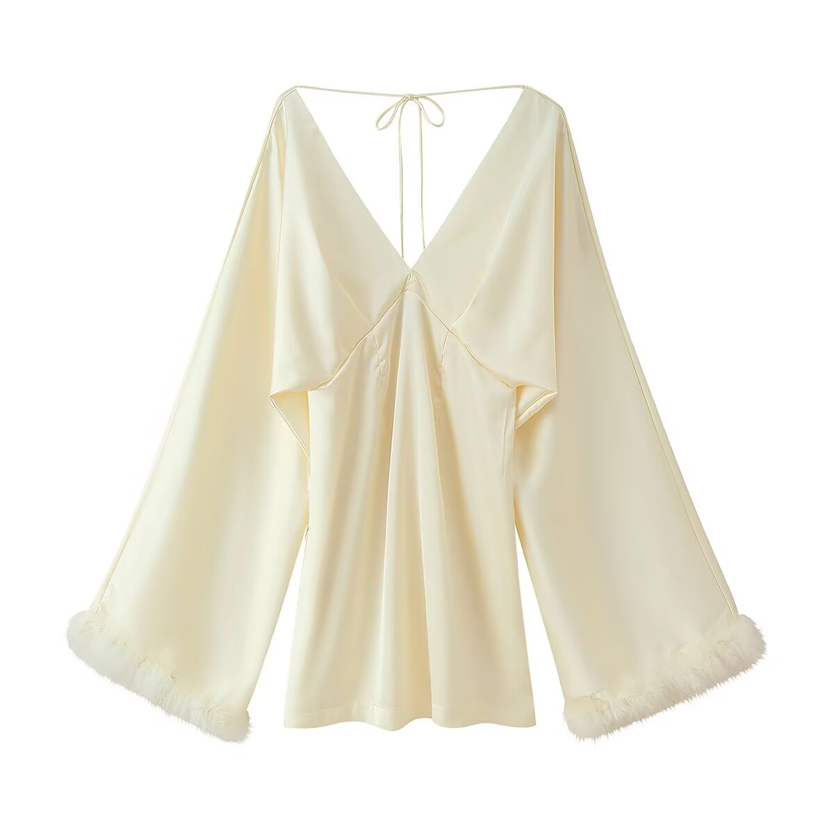 Women Clothing Fall Lightly Mature Intellectual Beauty Feather Trim Cuff Satin V neck Dress