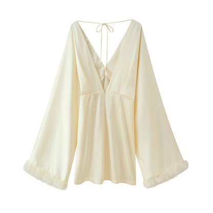Women Clothing Fall Lightly Mature Intellectual Beauty Feather Trim Cuff Satin V neck Dress - Wanita Store