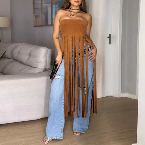 WomenWear Suede Sexy Tube Top Solid Color Tassel Dress