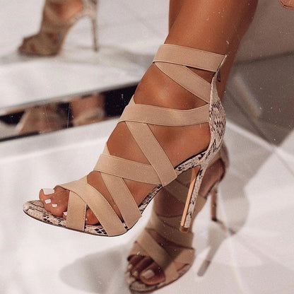 High Heeled Sandals Women Sexy Stiletto Pointed Toe Peep Toe Slippers Ankle Ring Bandage Cloth Roman Shoes - Wanita Store