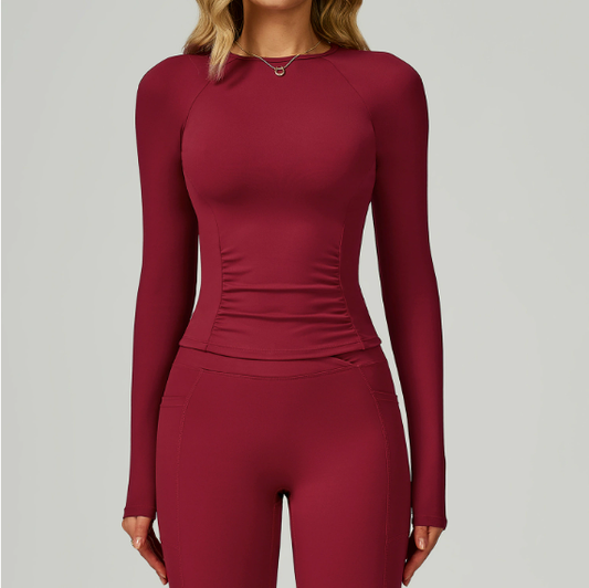 Sollinarry Nude Feel round Neck Yoga Long Sleeve Slim Fitting Belly Contracting High Sense Sports Top Outdoor Running Fitness Clothes