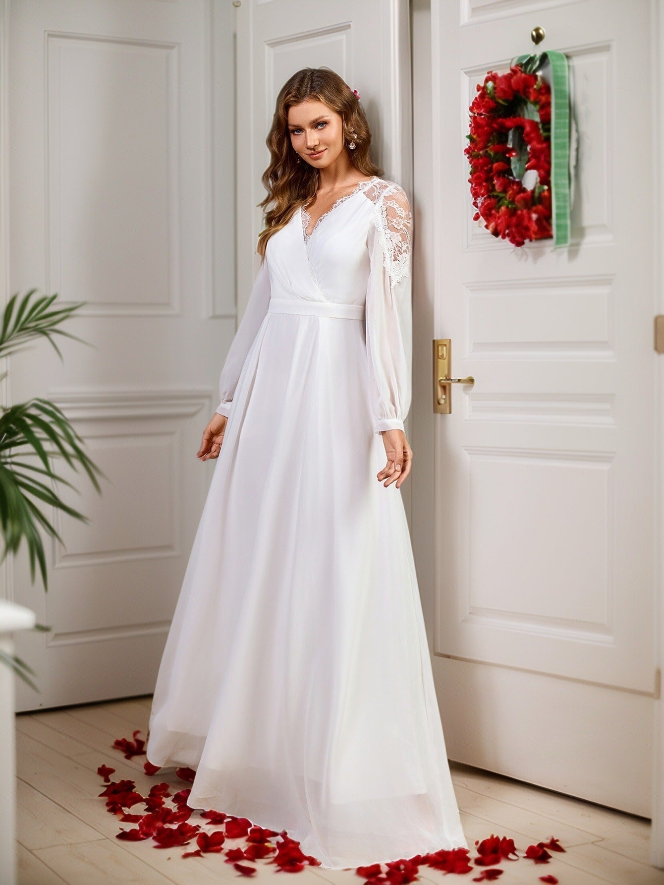 Dress Lace Long Patchwork Waist Noble Evening Dress Chiffon Wedding Clothes