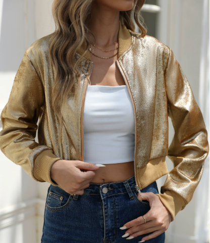 Women Spring Autumn Long Sleeve Zipper Gold Foil Casual Jacket - Wanita Store