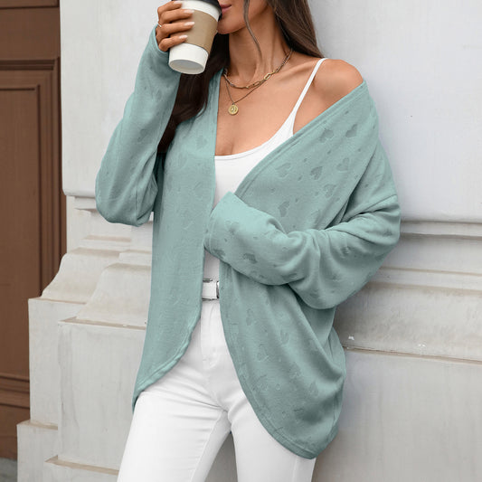 Autumn Winter Solid Color Long Sleeve Cardigan Knitted Jacquard Coat Office Cardigan