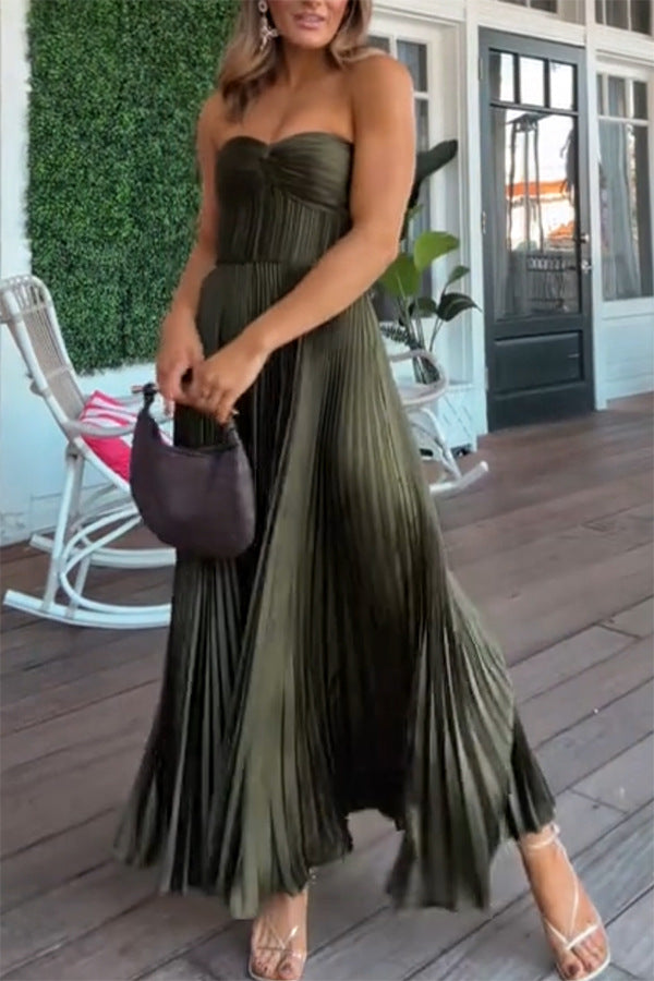 Spring Summer Pleated Wrapped Chest Satin Dress Casual Vacation Zipper Dress