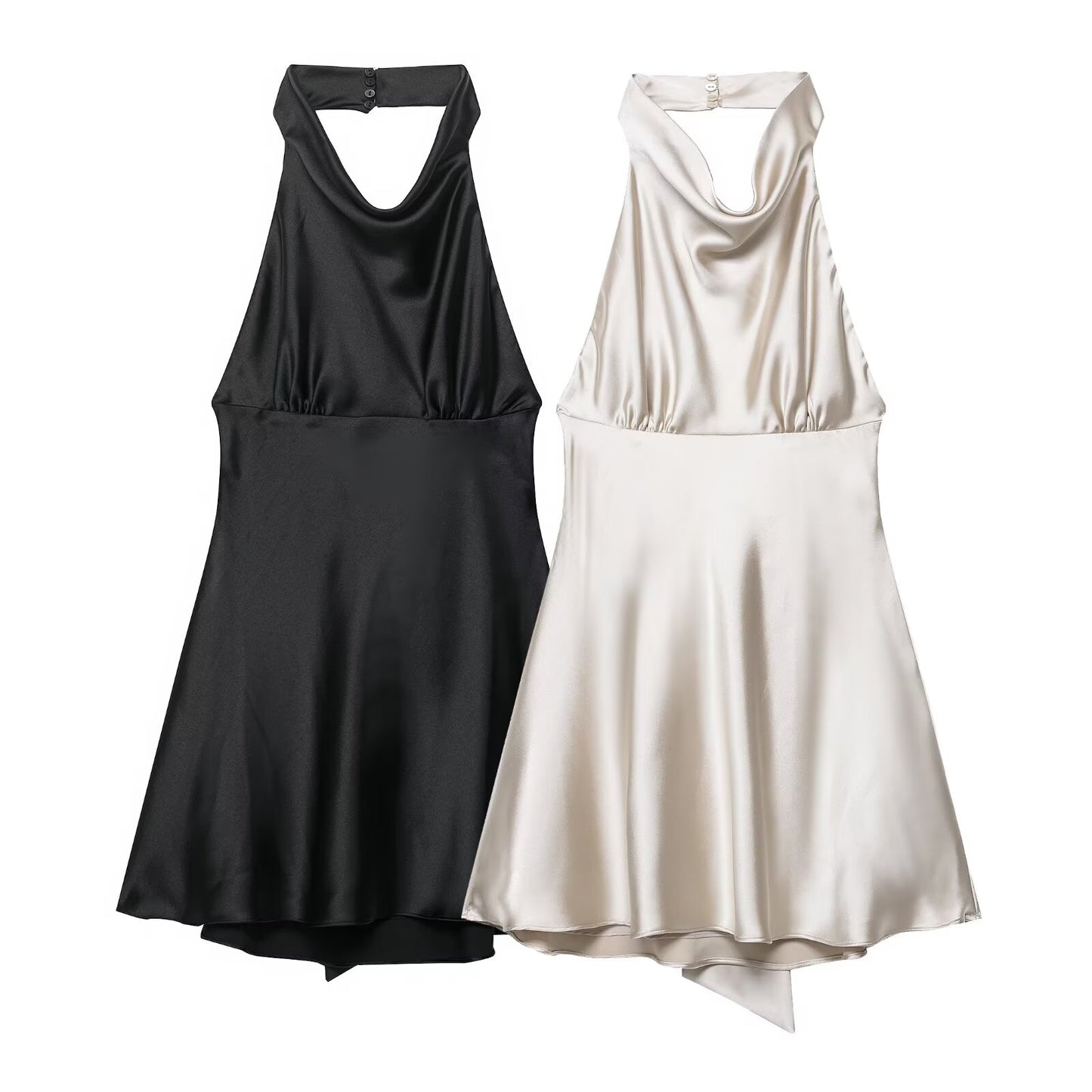 Women Clothing French Silk Satin Texture Waist Tight Halter Short Dress