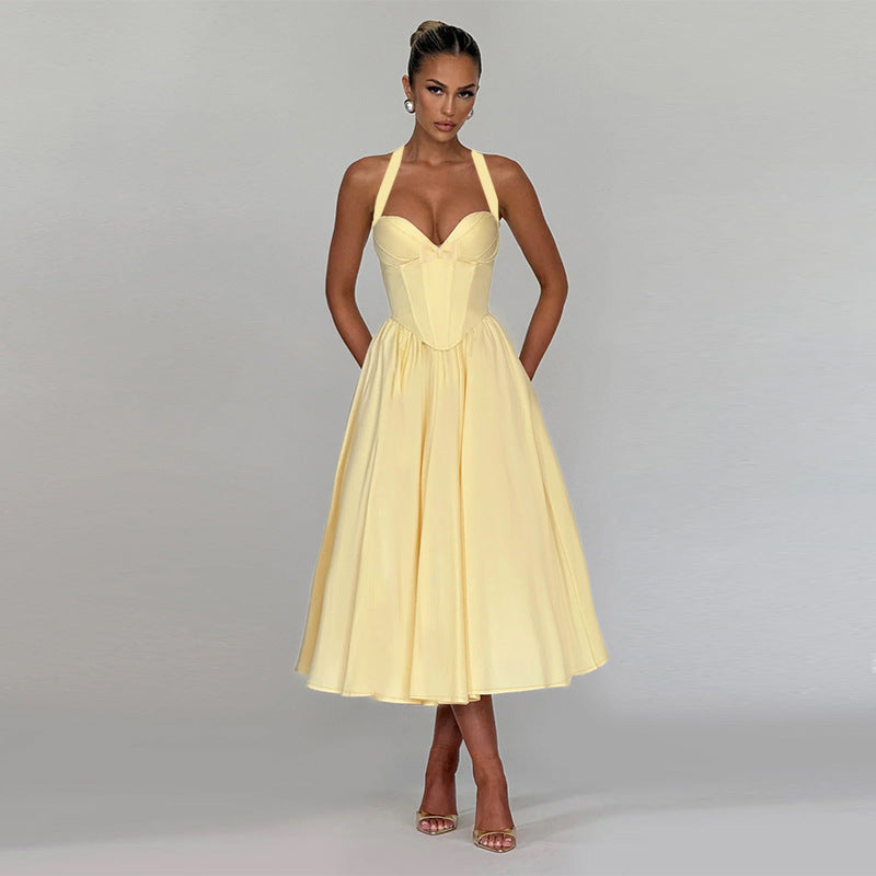 Halter Bow Waist Slimming Chest A line Dress Women Evening Maxi Dress