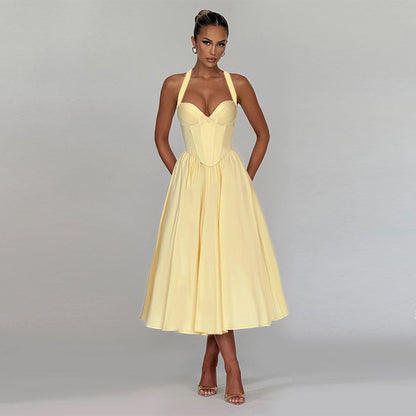 Halter Bow Waist Slimming Chest A line Dress Women Evening Maxi Dress - Wanita Store