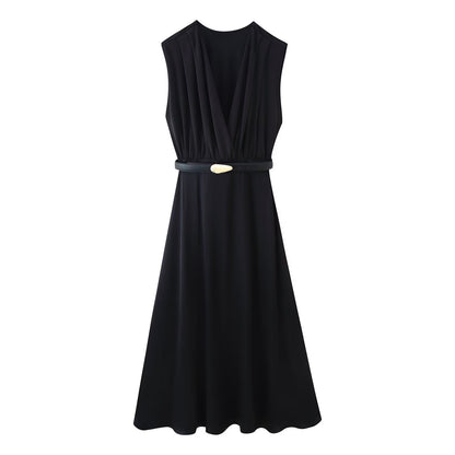 Summer Women Casual Slimming Solid Color V neck with Belt Stitching Midi Dress - Wanita Store