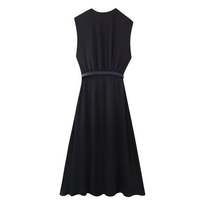 Summer Women Casual Slimming Solid Color V neck with Belt Stitching Midi Dress - Wanita Store