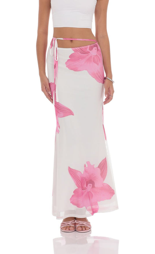 Women Clothing Socialite Summer High Grade Mesh Floral Print Niche Double Layer Lace up Drape Skirt