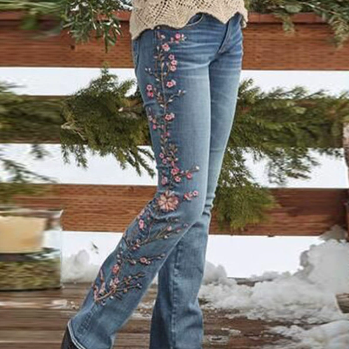 Autumn Winter Women Retro High Waist Thickened Jeans Micro Elastic Slim Fit Embroidery Bootcut Pants