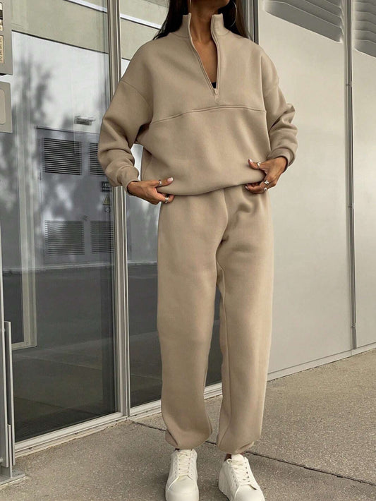 Autumn Winter Zipper Collared Solid Color Casual Two Piece Set