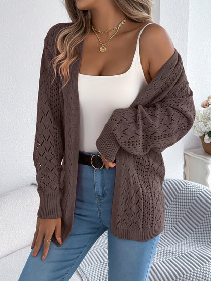 Autumn Winter Hollow Out Cutout out Lantern Long Sleeve Cardigan Sweater Mid Length Coat Women Clothing - Wanita Store