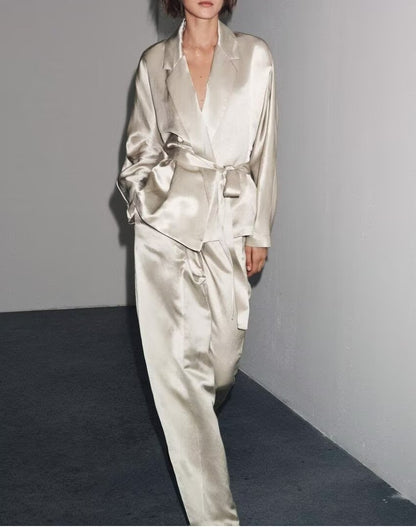 Autumn Women Clothing Fashionable Elegant Blazer Satin Pants Two Piece Sets - Wanita Store