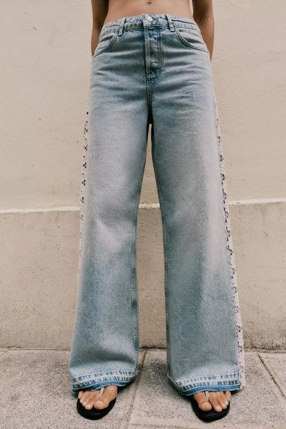 Women Clothing Spring Autumn Crochet Stitching High Waist Wide Leg Jeans - Wanita Store